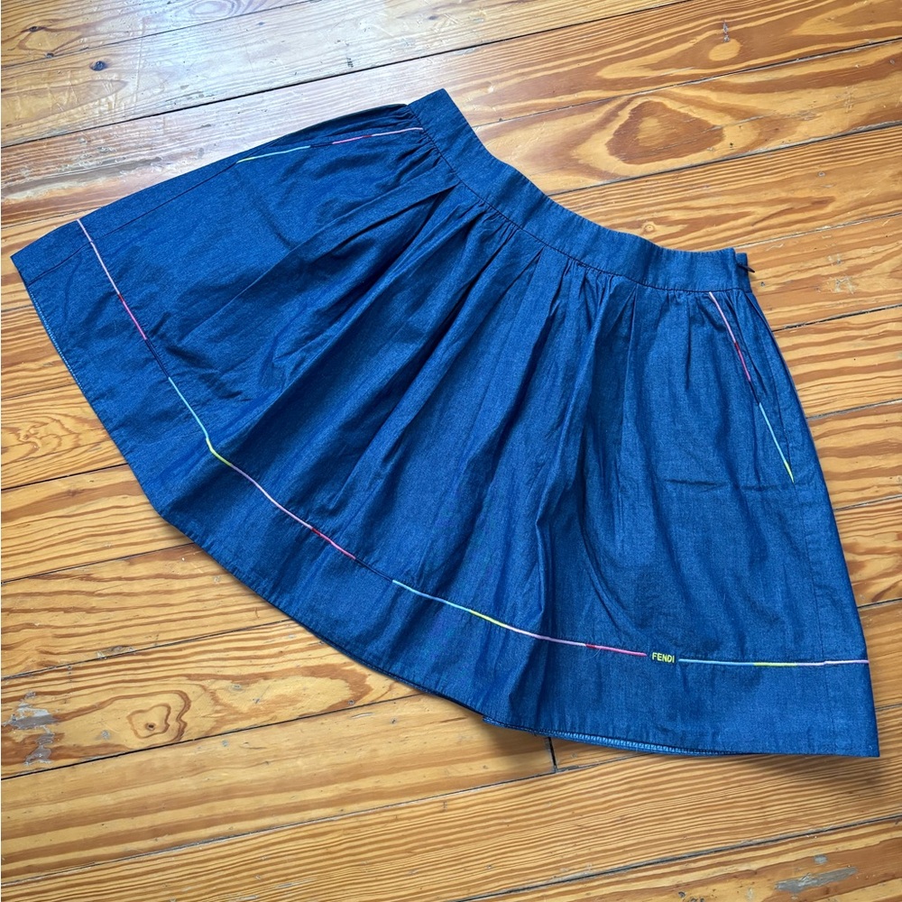 FENDI Girls Y2K chambray Denim Skirt with Multicolor Hem Stitching size 12